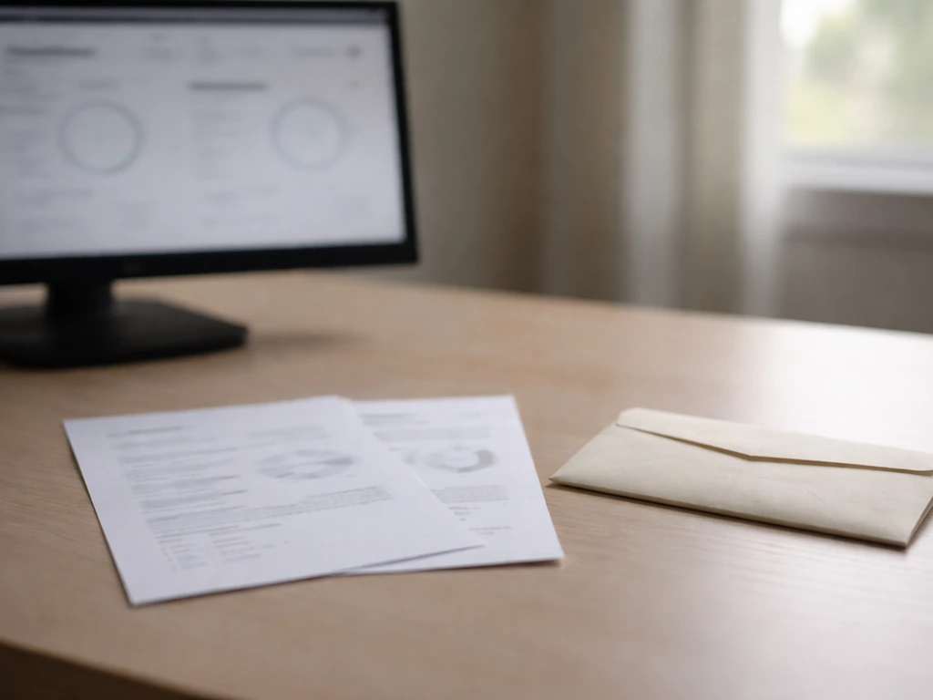 Minimal desk scene showing two blurred valuation-style printouts beside a plain cash envelope