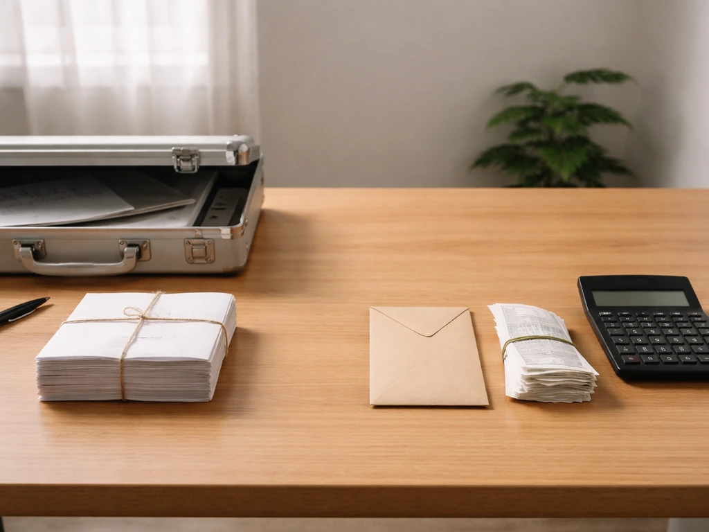 Minimal office desk photo split visually between documents/receipts and bundled obligations beside a dark calculator.