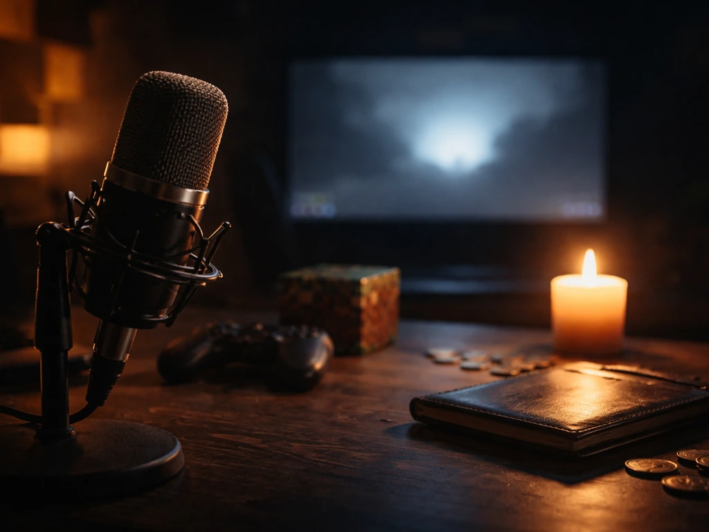 Dim studio desk with a microphone, scattered game-controller shells, and a single candle by an unopened ledger