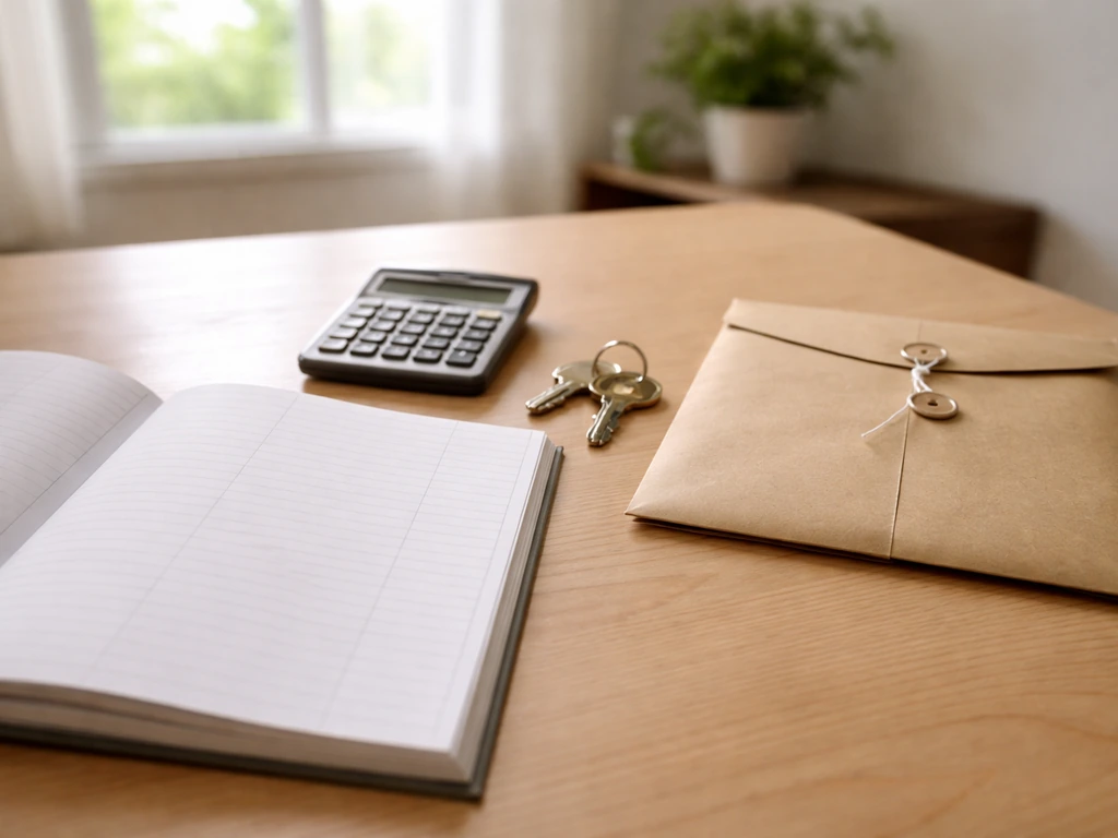 Close-up of a desk with a ledger, calculator, and a small envelope, symbolizing assets minus liabilities at a moment.