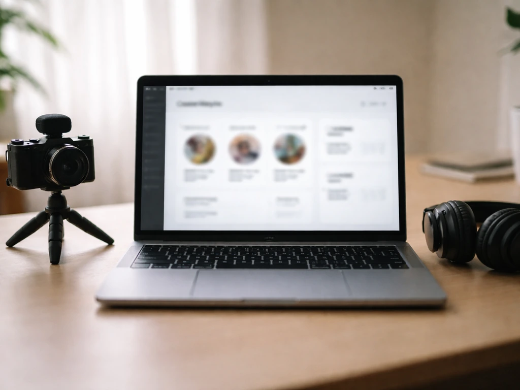Laptop with blurred creator analytics dashboard beside headphones and a small tripod camera.