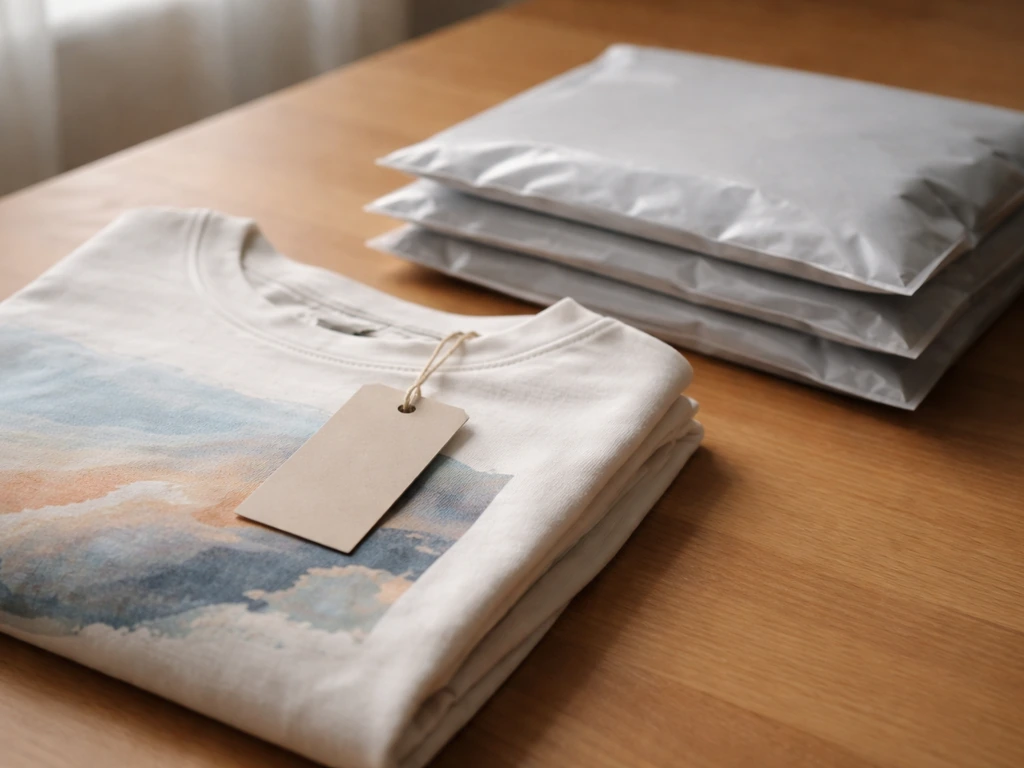 Close-up of neatly arranged creator merchandise packaging and a clothing tag on a tabletop