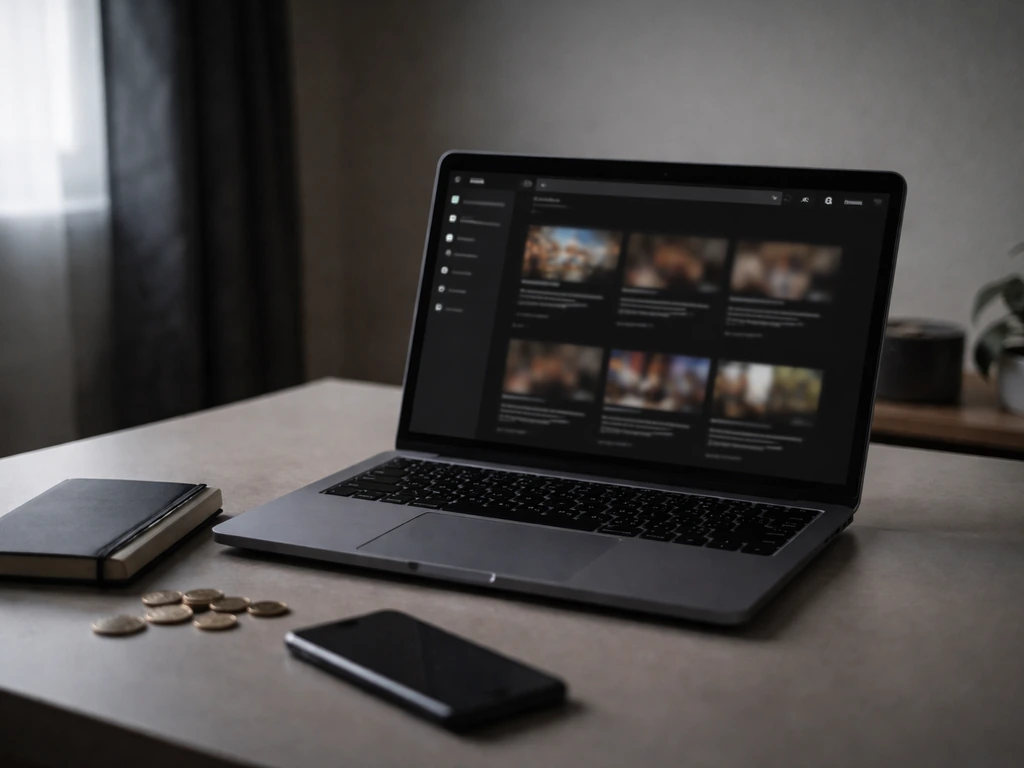 Minimal shot of a laptop open to a blank media dashboard and a closed notebook with cash—symbolic of murky net worth