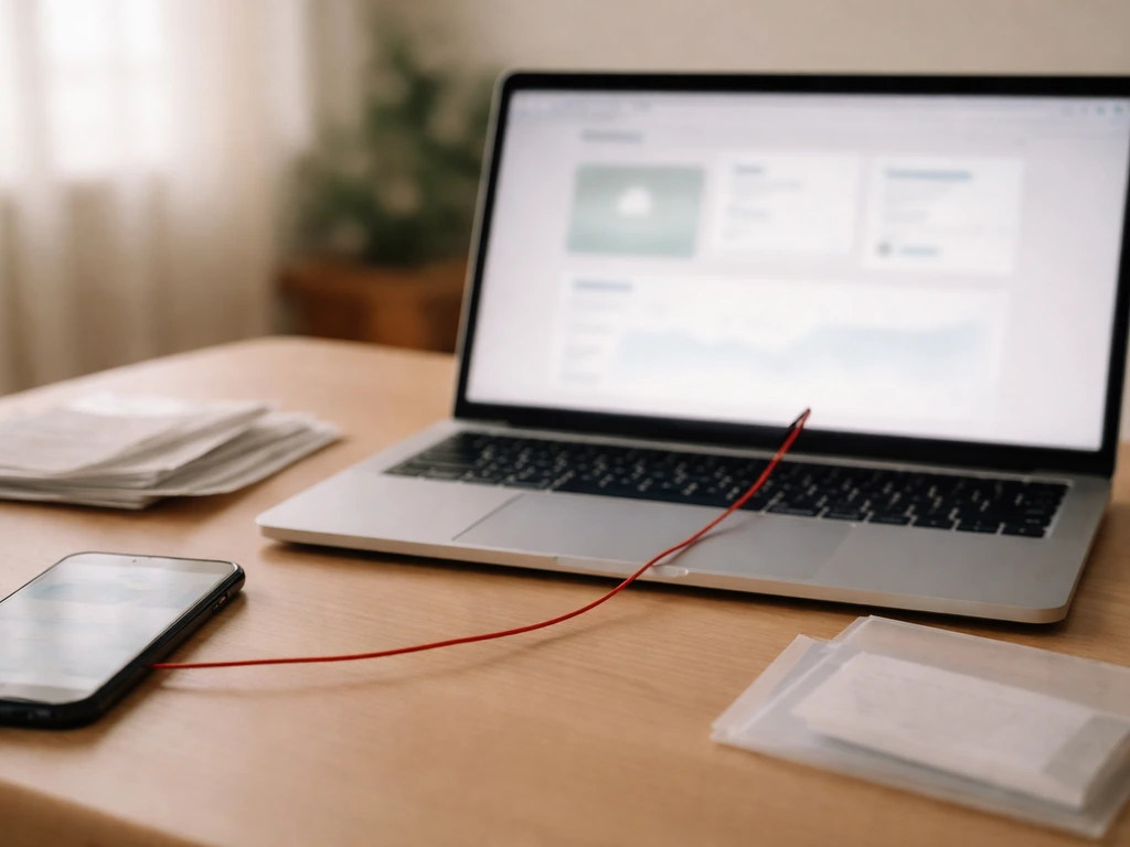 Minimal home office scene with laptop and phone, red thread linking sources to an envelope symbolizing net worth traces
