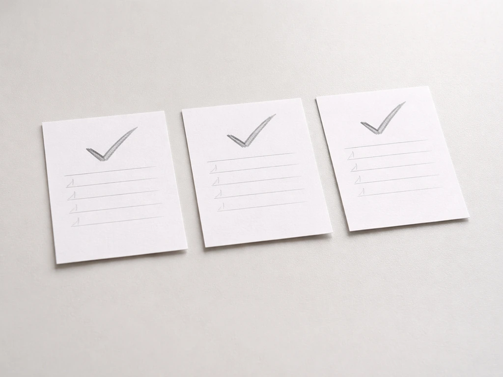 Minimal workspace with three blank cards labeled person, brand, and something else with checkmarks