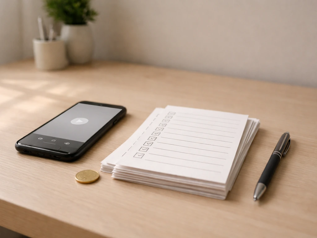 Minimal desk with checklist papers, pen, and phone showing a blank media screen; no people.