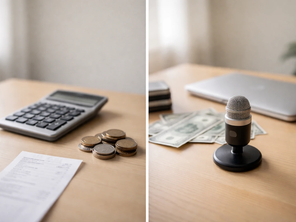 Split-screen style photo showing a calculator, currency, and a podcast mic to symbolize net worth estimate uncertainty