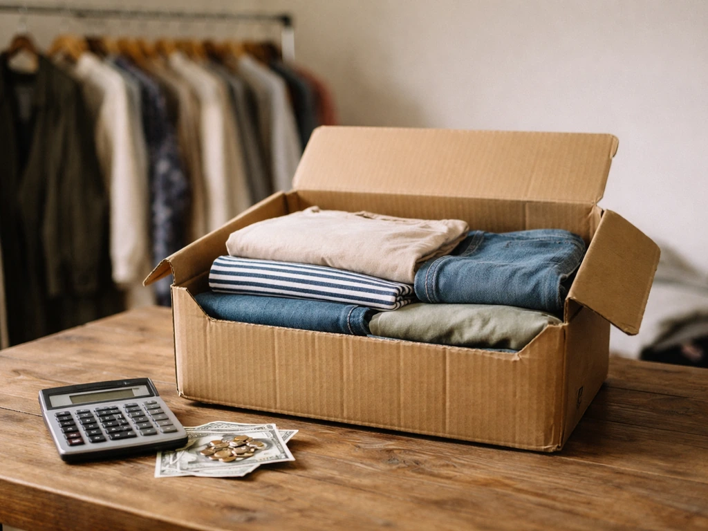 Open cardboard thrift store box with neatly folded clothes beside a calculator and cash, symbolizing reselling value.