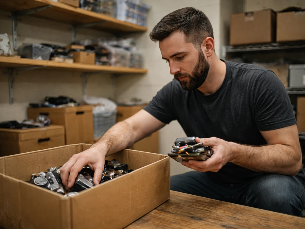 A bearded reseller sorting used items on a table in a thrift shop back room.
