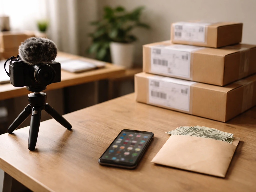 Minimal desk scene with thrift shipping boxes, camera gear, and a cash envelope symbolizing income streams.