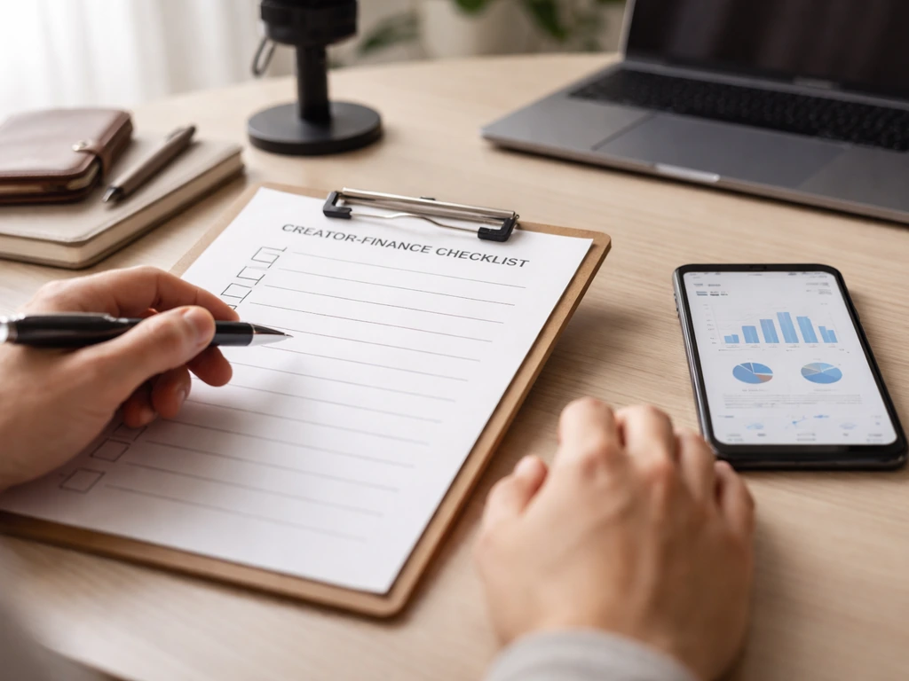 Anonymous hands updating a blank checklist at a home office next to a smartphone and microphone.