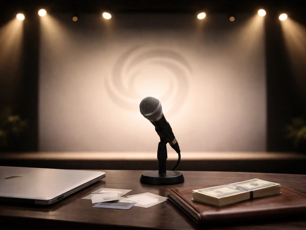 Studio desk with microphone and subtle emblem-like backdrop, symbolizing a pitch and valuation theme.