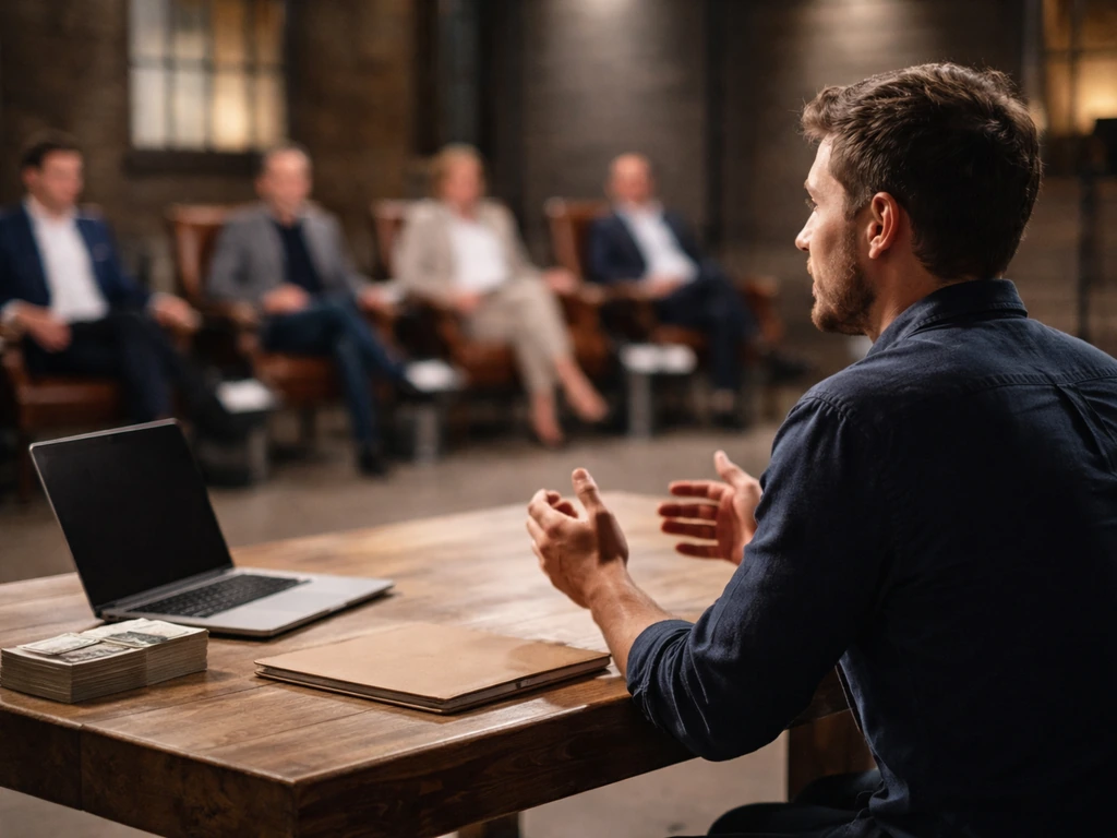 Founder at a Dragons’ Den-style studio table presenting a pitch with cash props and a laptop