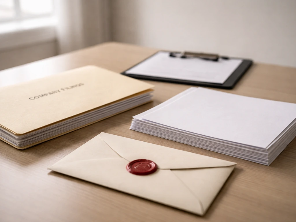 Minimal desk scene with blurred documents and a UK company registry folder implying private company filings.