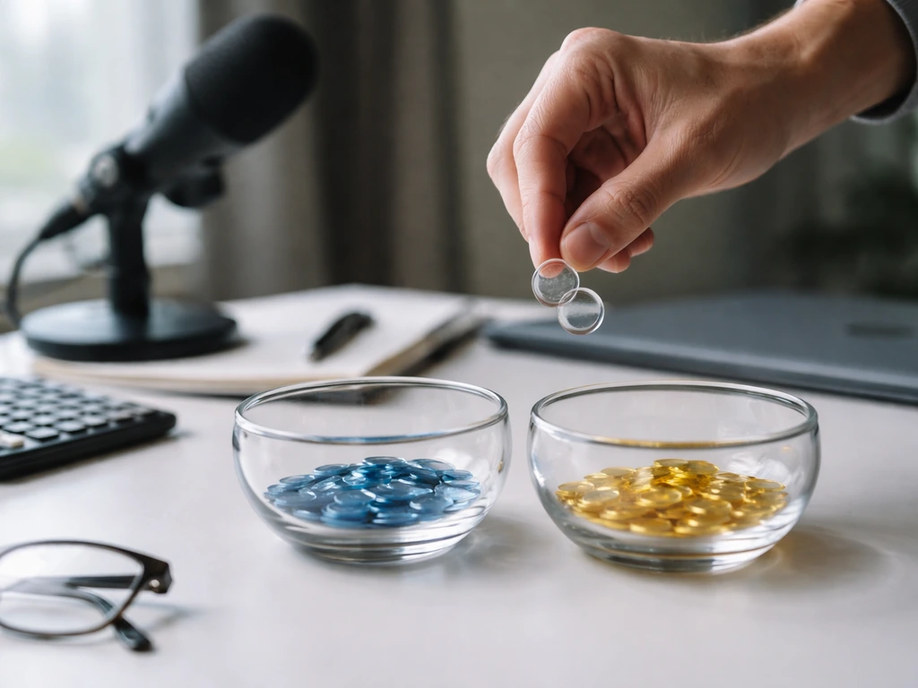 Close-up of an analyst desk with clear tokens in glass bowls symbolizing changing share ownership.