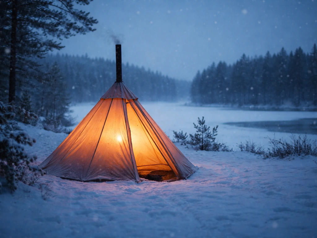 Warm hot tent glowing in a snowy wintry landscape at dusk, no people present.