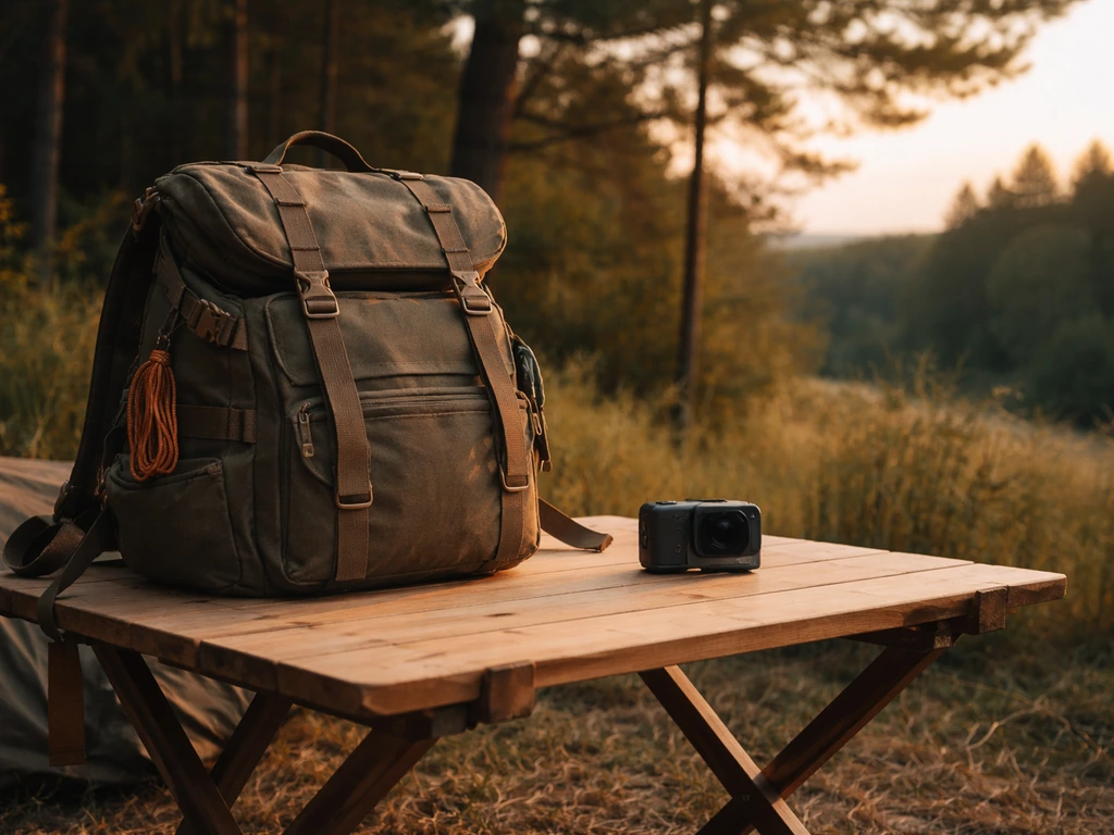 Minimal outdoor media setup with a rugged backpack and camcorder on a camp table, symbolizing Lonewolf 902.