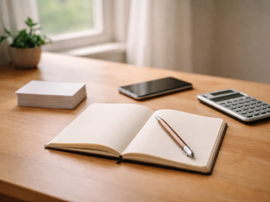 Minimal desk scene with notebook, blank index cards, calculator, and phone near a window suggesting finance breakdown.