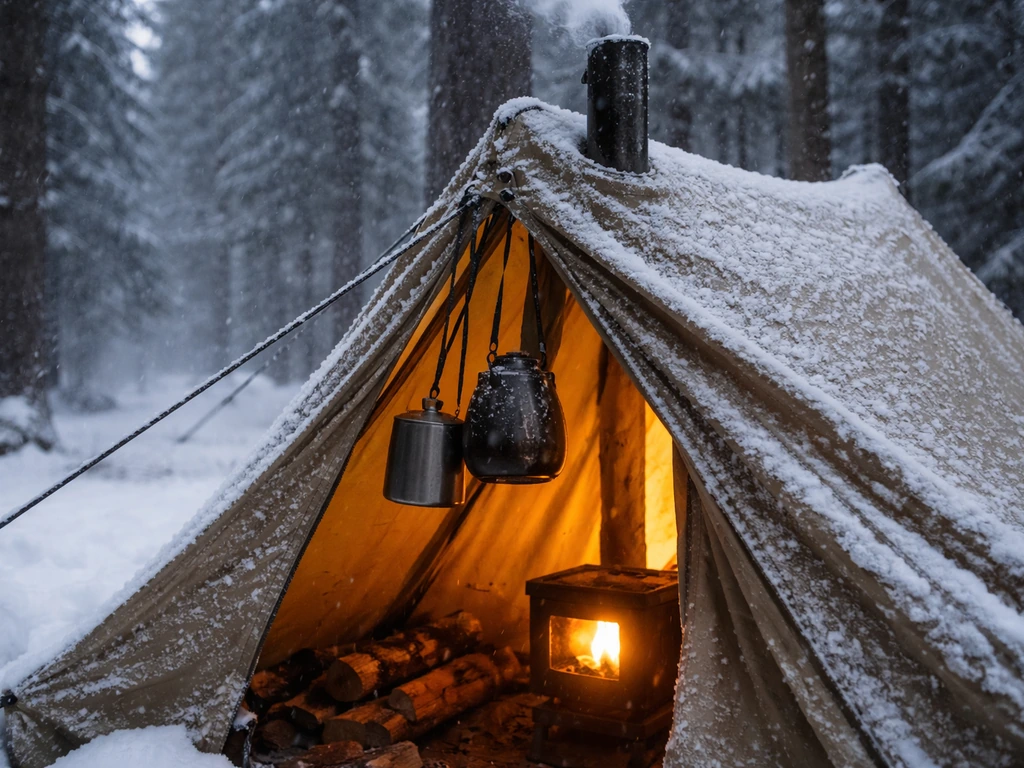 Close-up of a hot tent in snowy woods with warm glow and camping gear near the entrance.