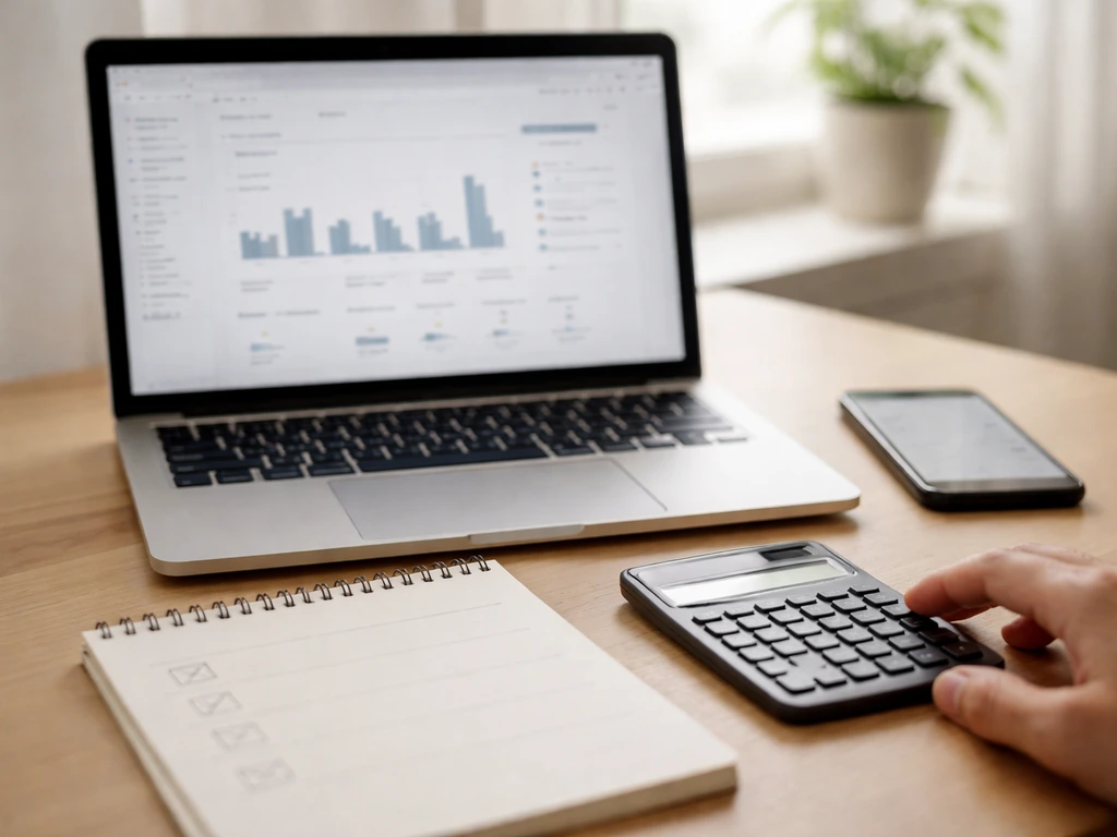 Minimal desk with laptop analytics-style screen, calculator, and phone suggesting social media estimate verification