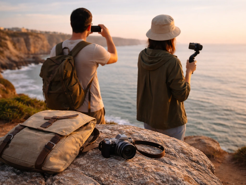 Portuguese coast travel scene with a camera setup, suggesting a creator brand and earning estimation.
