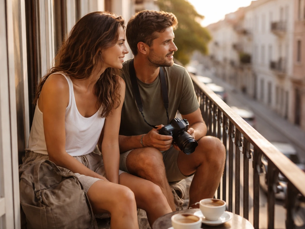 Portuguese travel couple sitting on a balcony with a backpack and camera, golden-hour light