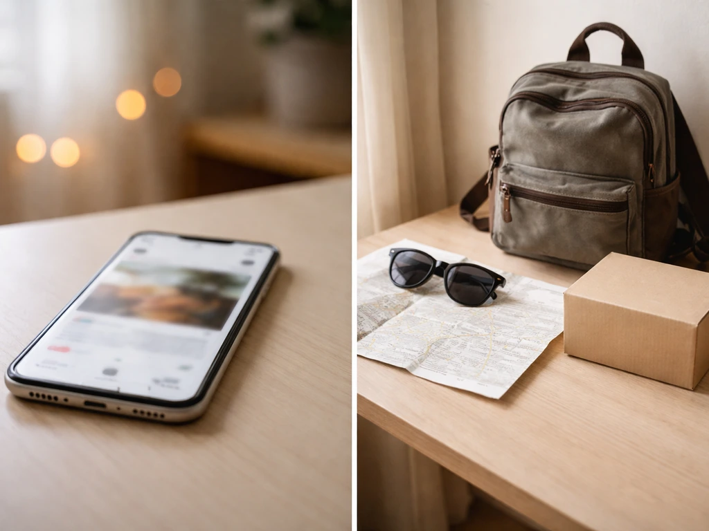 Split-panel scene: smartphone suggesting sponsored Instagram, next to travel gear and a plain parcel.
