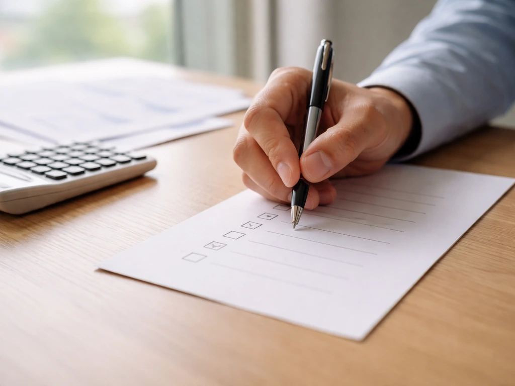 Close-up of an anonymous hand marking a checklist beside scattered documents and a calculator on a desk