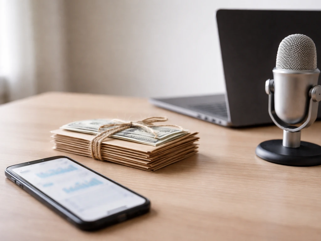 Minimal desk scene with cash envelopes and blurred phone finance screen suggesting earnings comparisons.