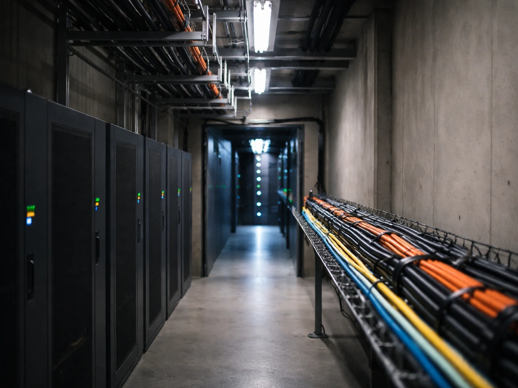 Power cables and fiber optics leading into a minimalist compute facility room.