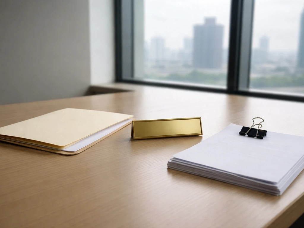 Close-up of an anonymous business document folder and brass desk items in a quiet office, suggesting an energy holding c