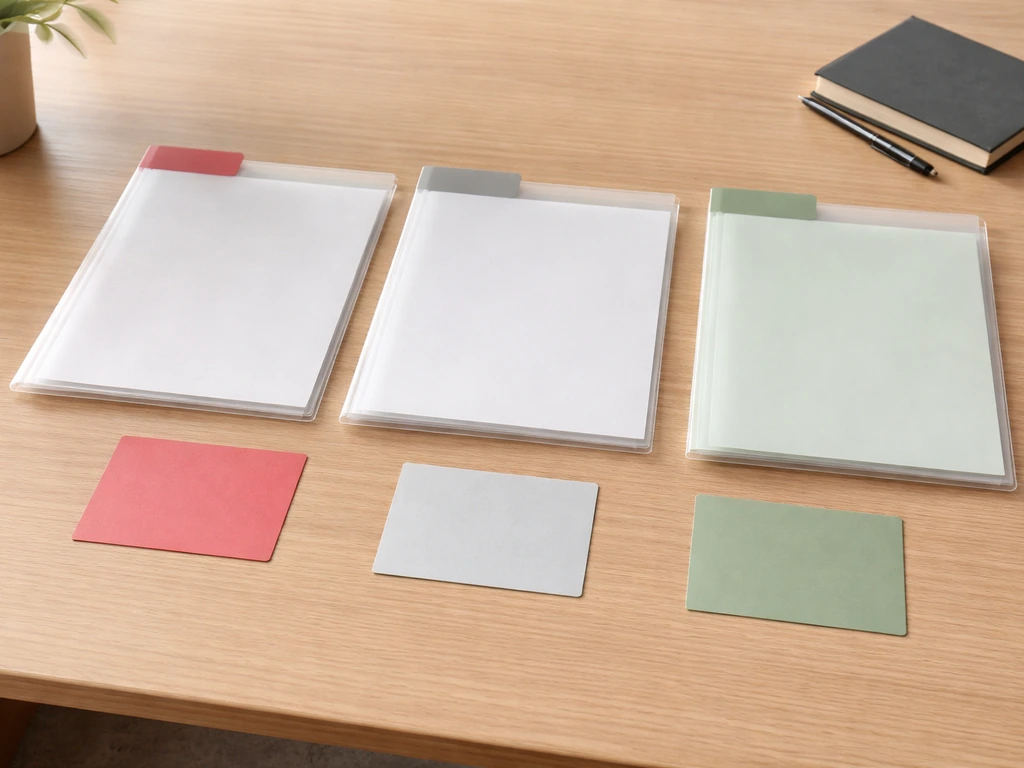 Minimal desk scene with three colored folders and cards implying low/base/high valuation scenarios.