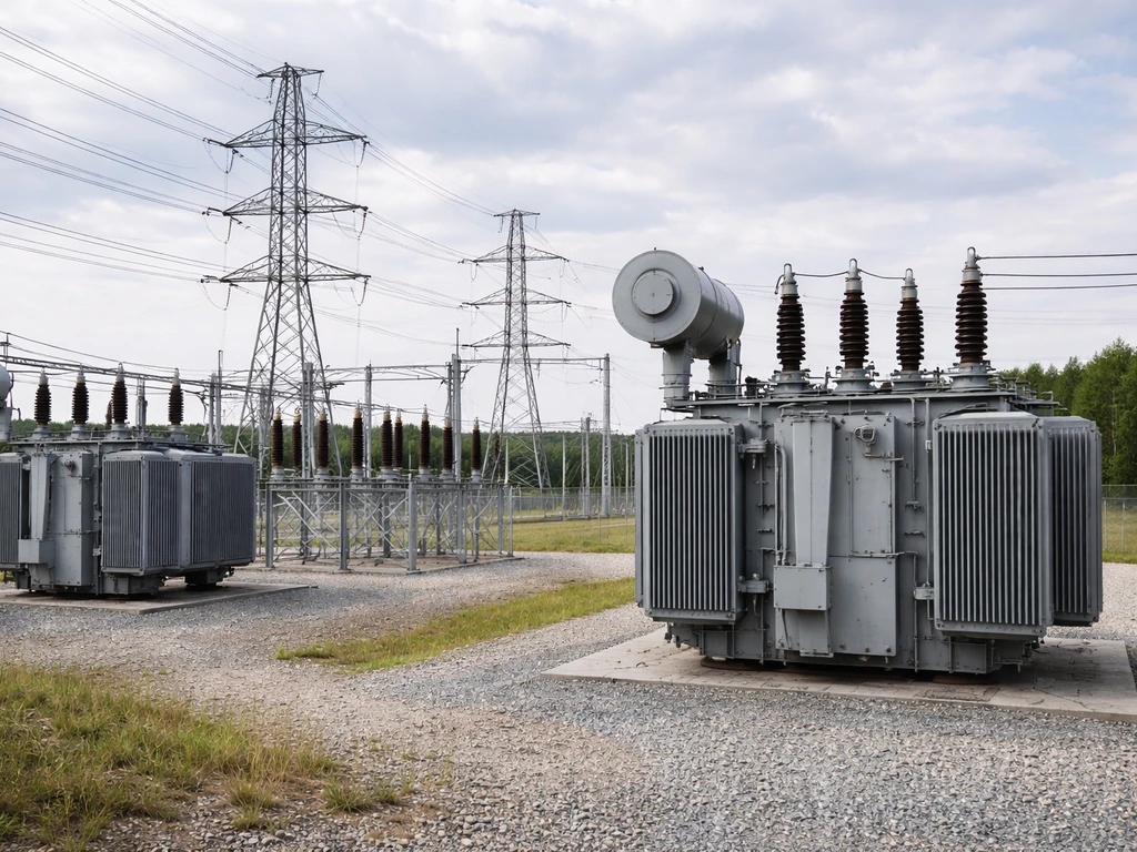Quiet view of an electric substation yard with transformers and power lines under cloudy sky