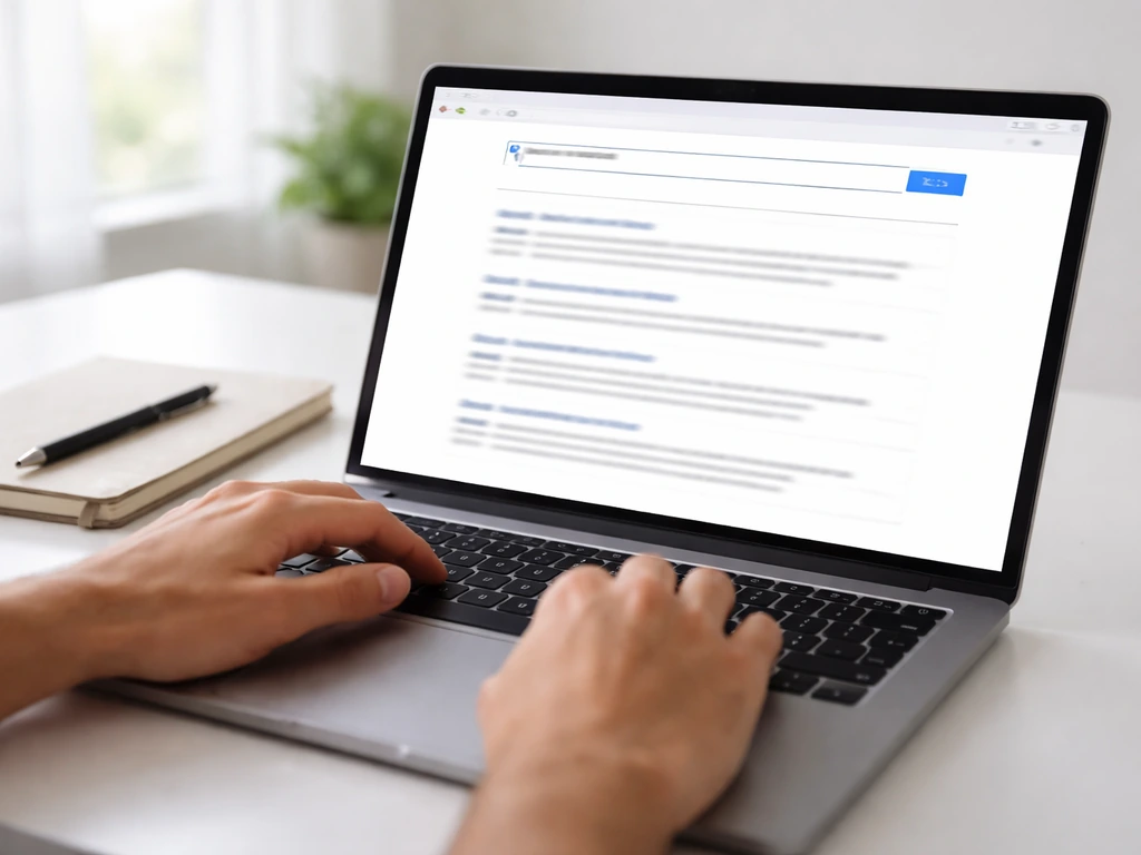 Hand scrolling on a laptop showing a blank SEC-style EDGAR search results page interface