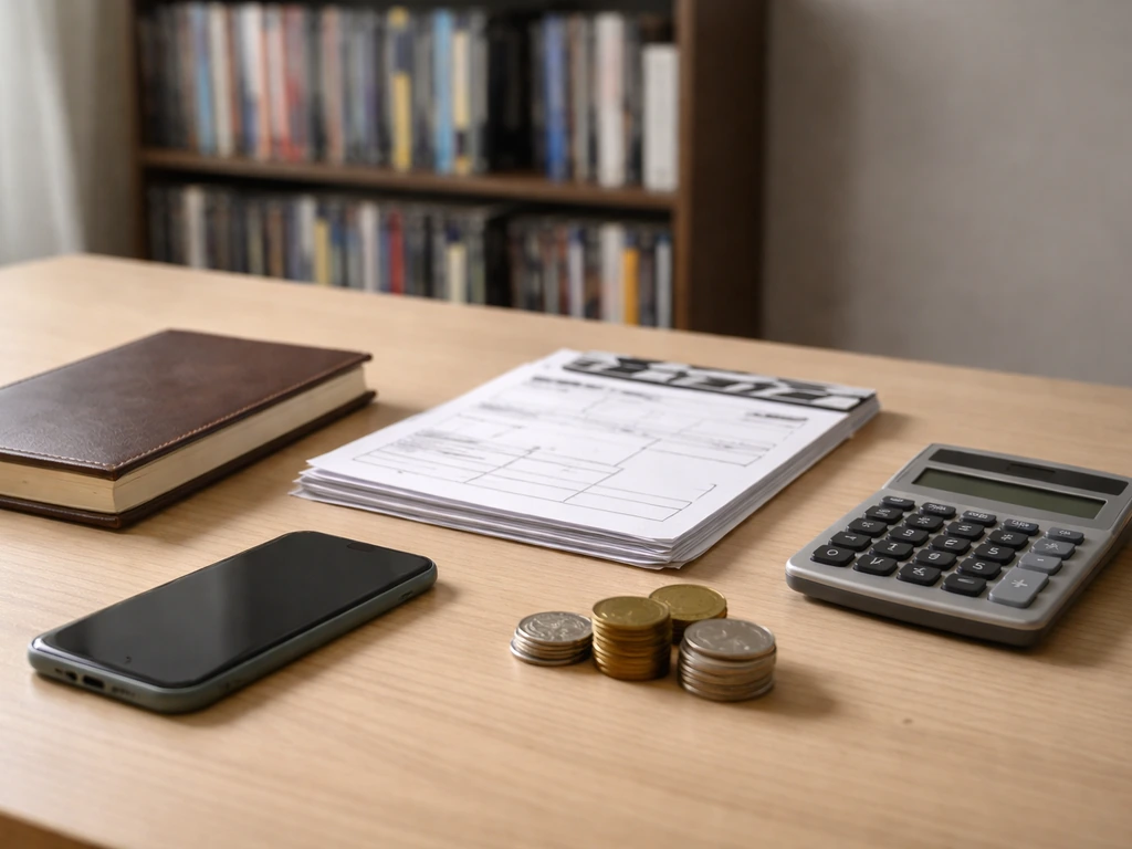 Minimal desk scene with coins, calculator, blank notebook, and generic production paperwork for estimating entertainment