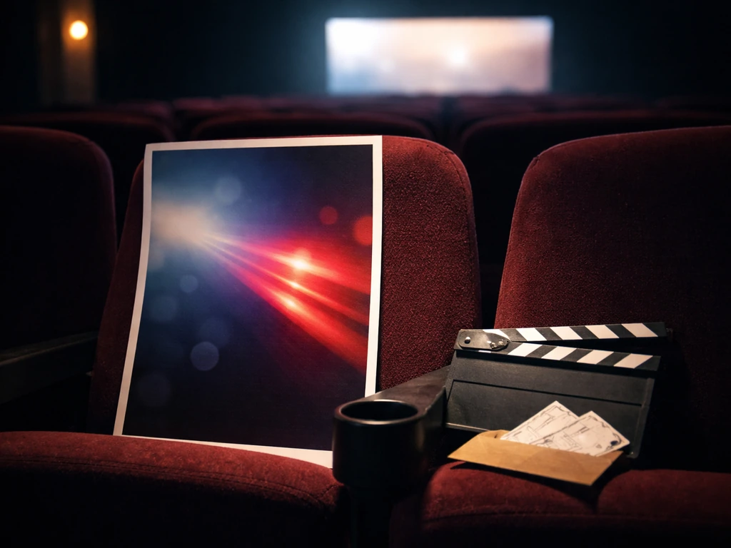 Empty theater seat with a blank poster insert under a spotlight and a closed clapperboard beside it.