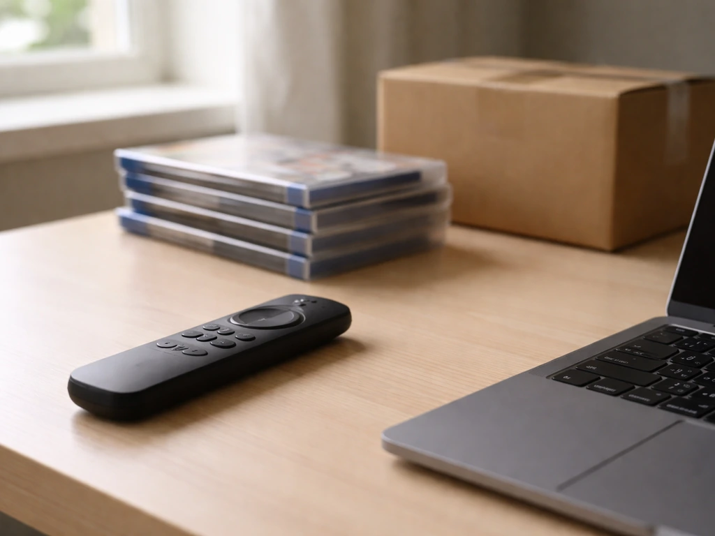 Minimal desk scene with laptop, remote, and generic DVD cases beside a shipping box.