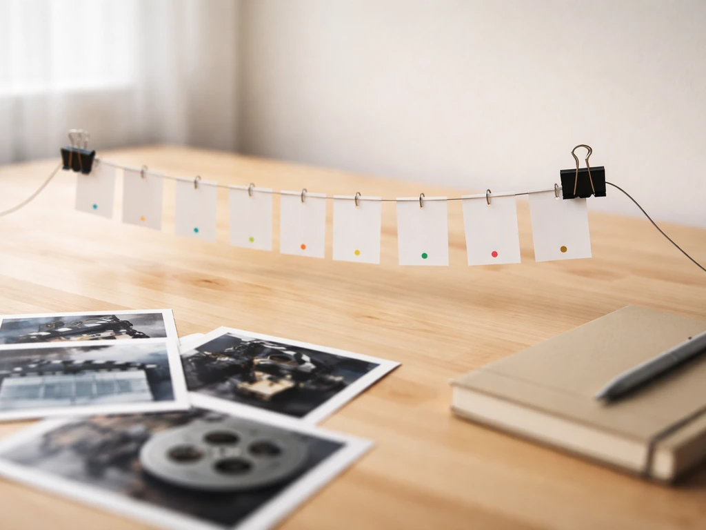 Minimal desk scene with a timeline of dates represented by paper slips and scattered project photos