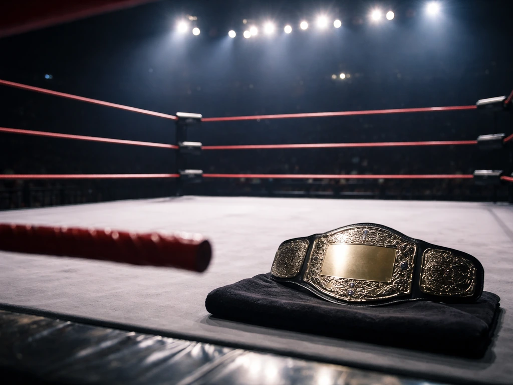Empty wrestling ring with a championship belt prop, arena lights glowing, wealth-and-fame vibe.