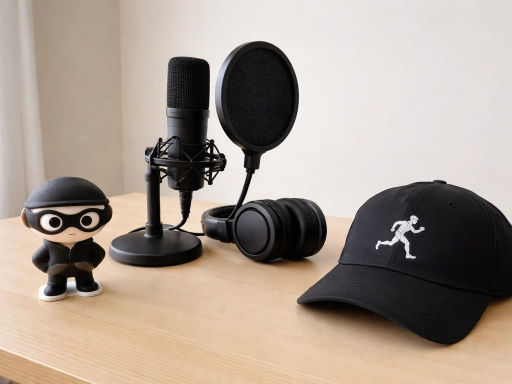 Minimal desk photo with a small masked bandit-style toy, podcast microphone/headphones, and a running cap.