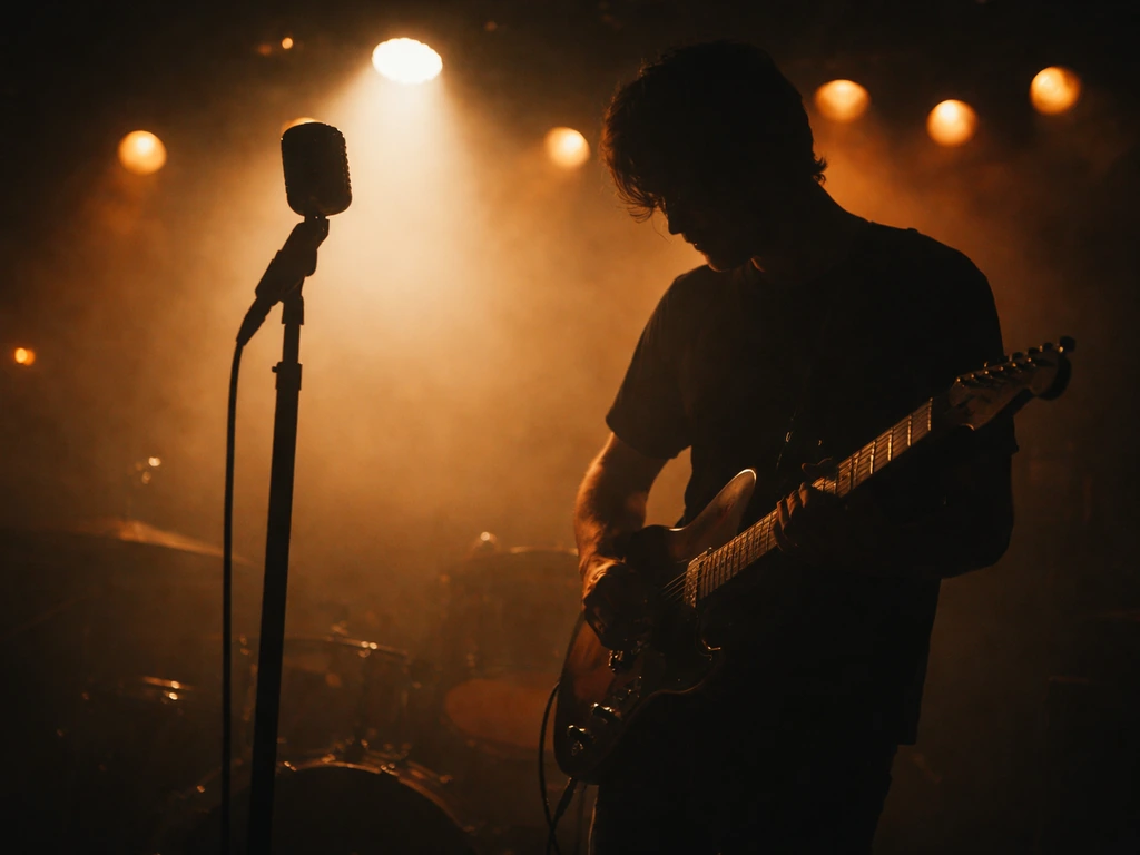 Musician performing on a small stage with guitar and spotlight, capturing a rock-band vibe