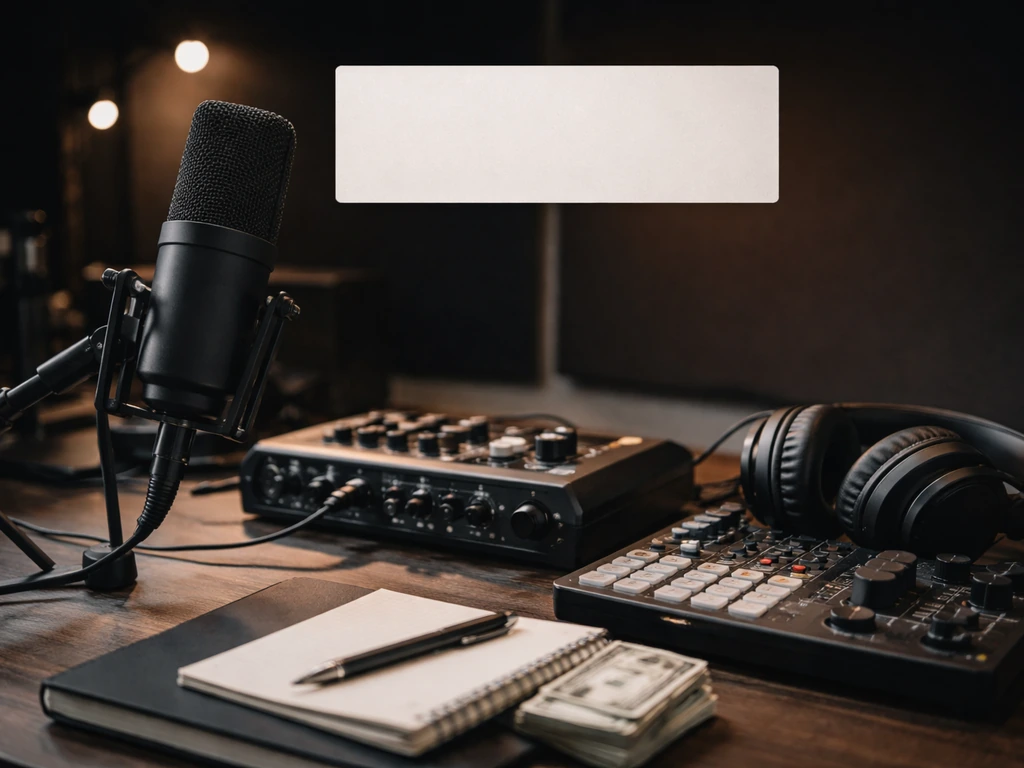 Minimal music producer studio scene with subtle cash and microphone cues suggesting an estimated net worth range.