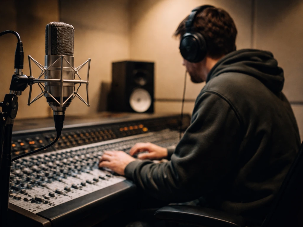 Musician-appearing producer working in a quiet recording studio near a mixing console with headphones and microphones