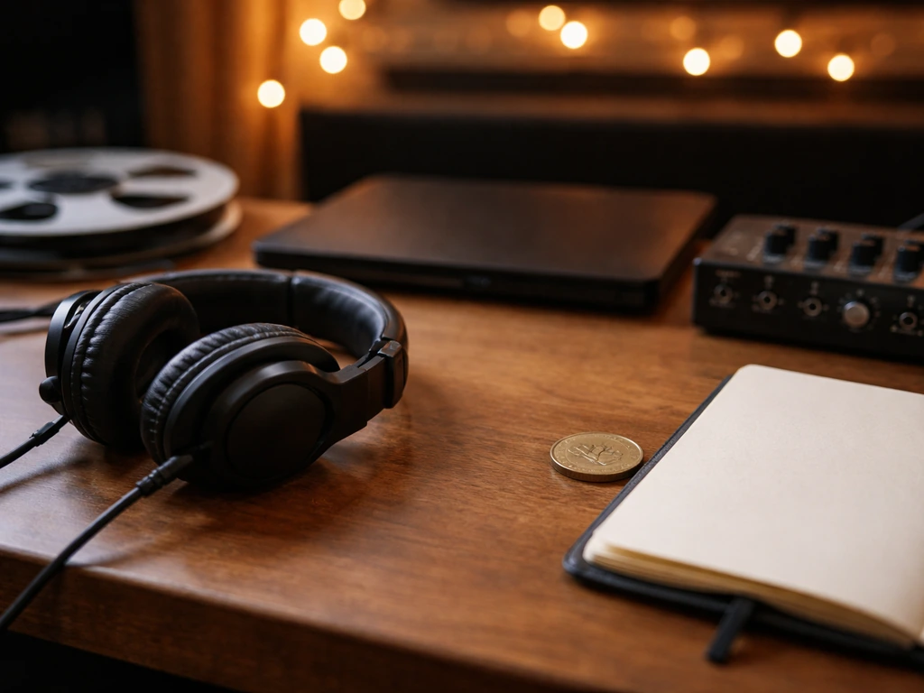 Anonymous recording studio desk with headphones, audio gear, and a coin symbolizing music career milestones.