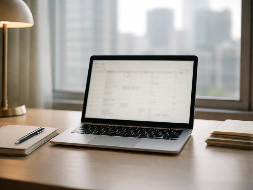 Minimal desk with open laptop showing blurred grid, suggesting verified vs speculative sources for a net worth estimate.