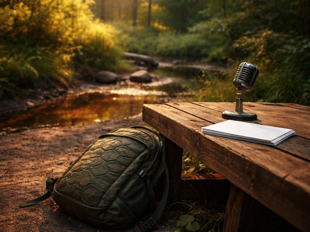 Outdoor woodsman-themed scene with moody forest light, hinting at TV lifestyle and wealth