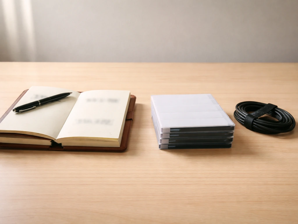 Light wood desk timeline objects showing a brighter early period and a quieter later period.