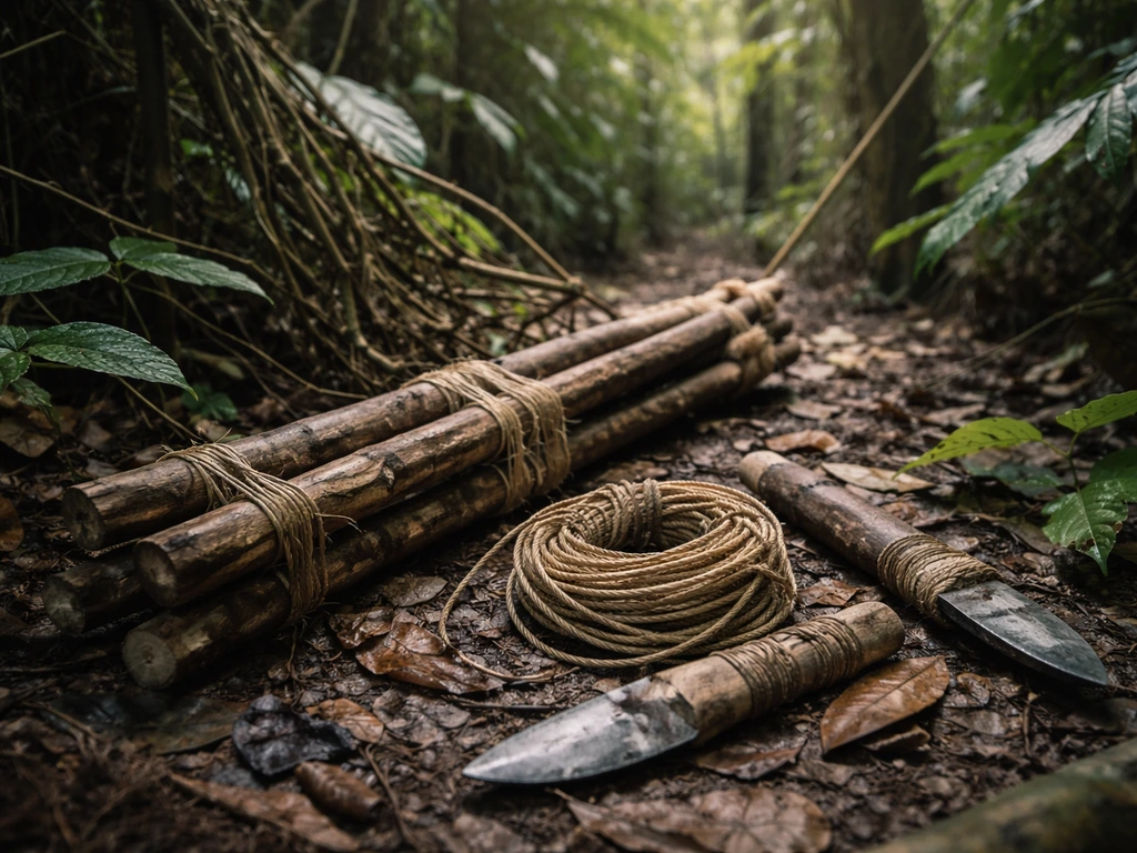 Rugged jungle craft scene with handmade tools and a rough shelter frame amid dense greenery.