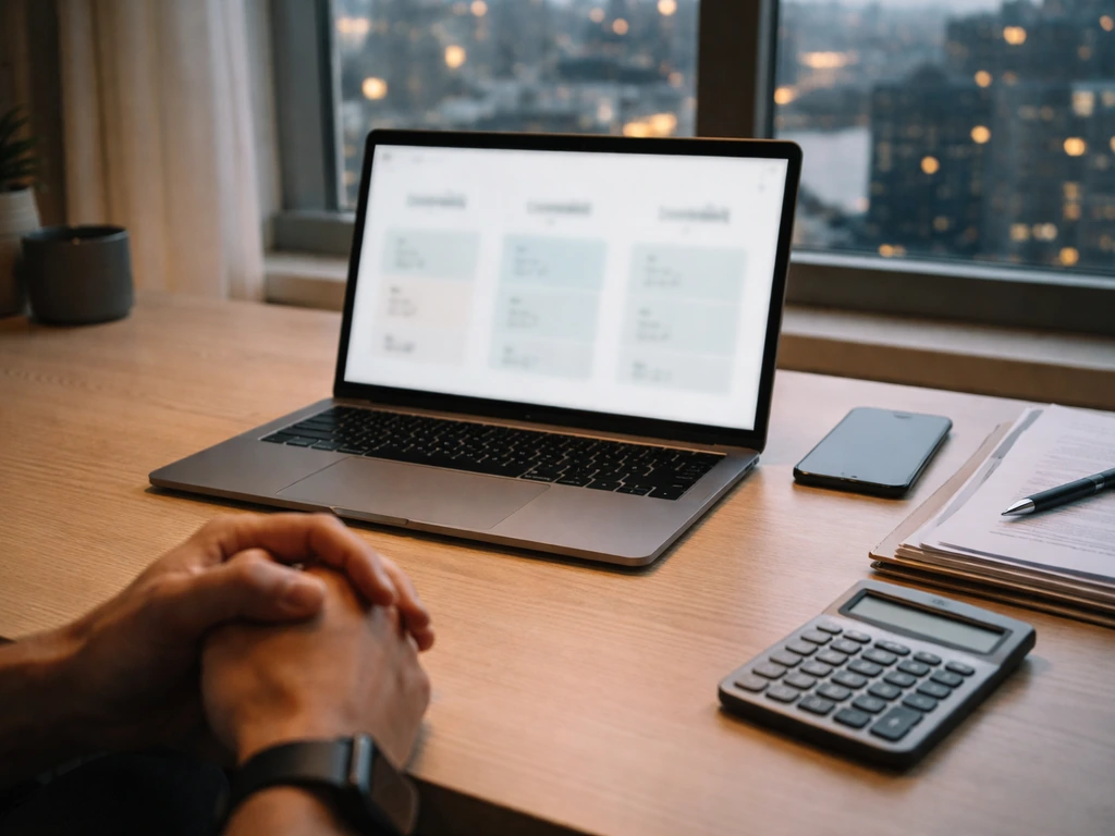 Anonymous desk scene with laptop and smartphone suggesting side-by-side net worth comparisons, no readable text.