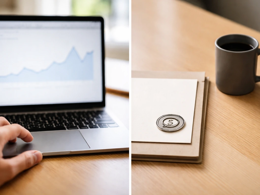 Minimal split scene with ad-revenue chart concept on one side and a paid partnership disclosure symbol on the other